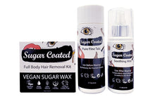 Load image into Gallery viewer, Sugar Coated Full Body Hair removal kit (left) Sugar Coated Pure Fine Talc (middle) Sugar Coated Soothing Mist (right)
