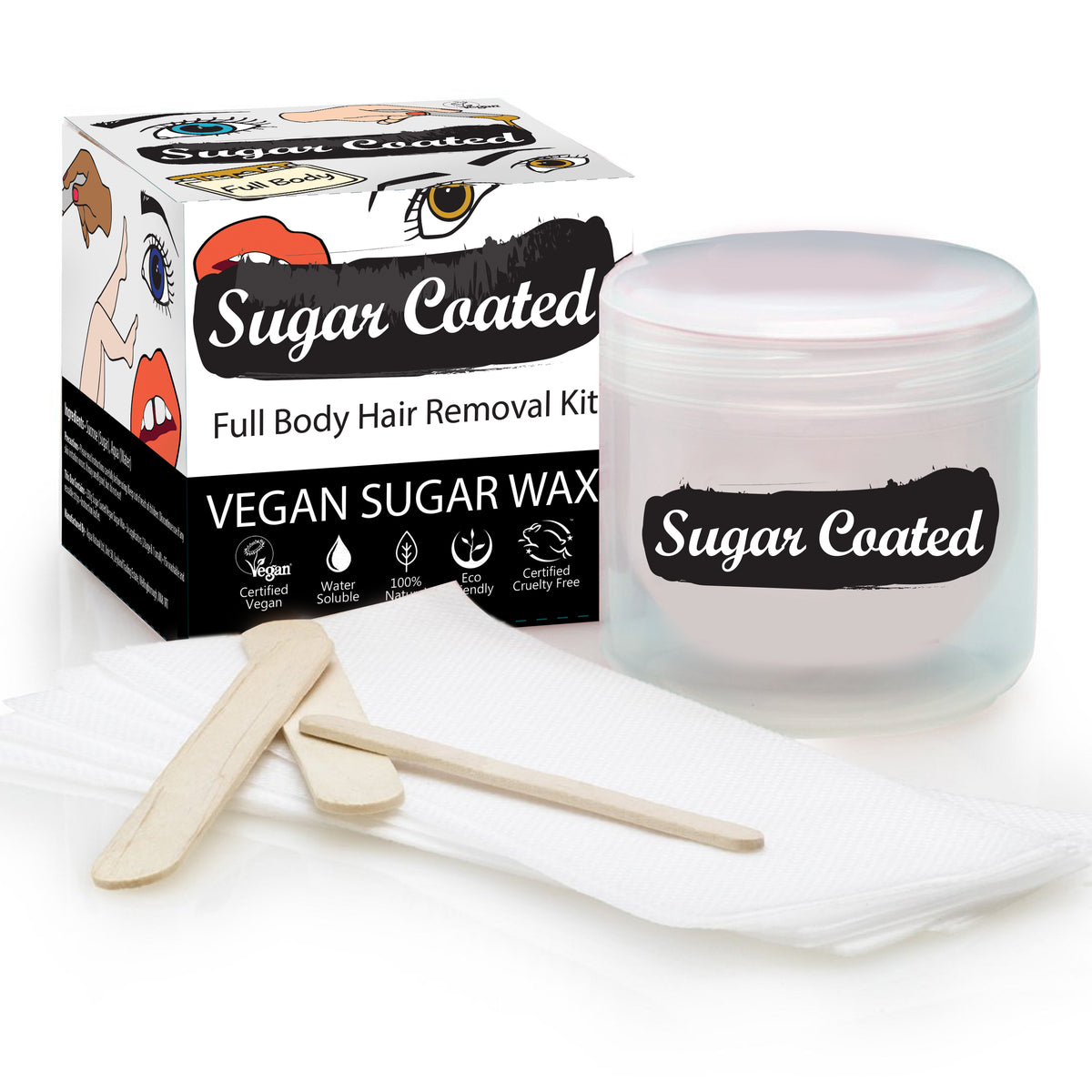 sugar coated sugar wax box, sugar coated sugar waxing jar, washable and reusable strips. Fullbody vegan hair removal kit. cruelty free, vegan, eco-friendly