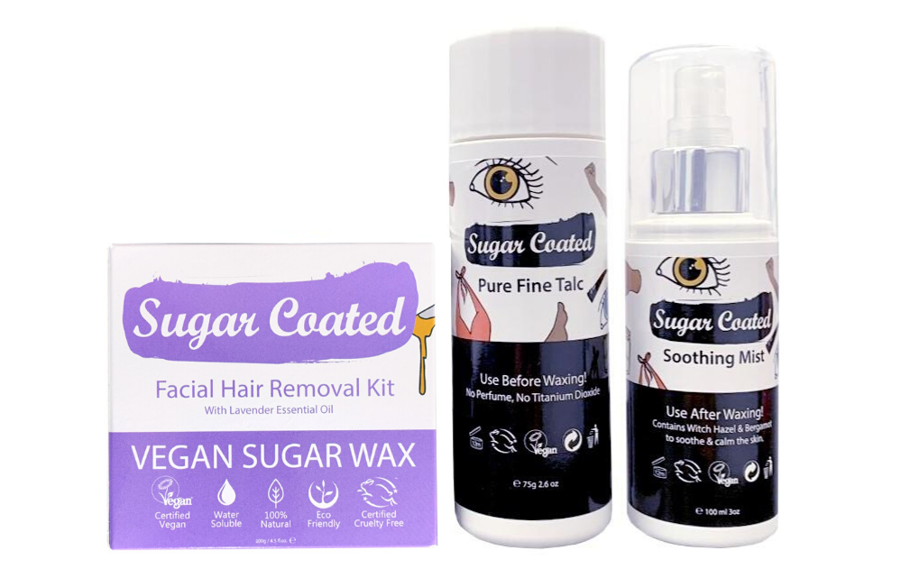 Sugar Coated Facial Waxing Pack - Facial Hair Removal Kit, Pure Fine Talc & Soothing Mist