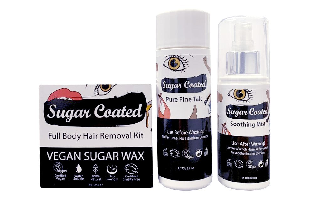 Sugar Coated Full Body Hair removal kit (left) Sugar Coated Pure Fine Talc (middle) Sugar Coated Soothing Mist (right)