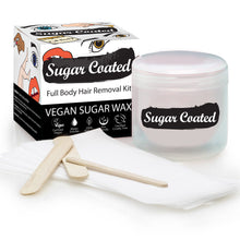 Load image into Gallery viewer, Sugar Coated Full Body Hair Removal Kit unpacked. Shows, jar, strips and spatulas laid out.
