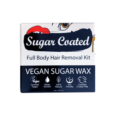 Sugar Coated Full Body Hair Removal Kit (front). Icons showing benefits. Vegan, water-soluble, natural, eco-friendly, cruelty-free