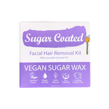 Load image into Gallery viewer, Sugar Coated Facial Hair Removal Kit (front). Icons showing benefits. Vegan, water-soluble, natural, eco-friendly, cruelty-free
