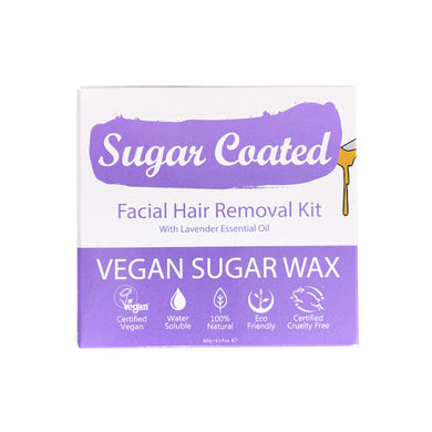 Sugar Coated Facial Hair Removal Kit (front). Icons showing benefits. Vegan, water-soluble, natural, eco-friendly, cruelty-free