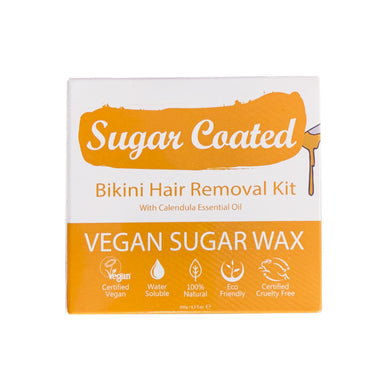 Sugar Coated Bikini Hair Removal Kit (front). Icons showing benefits. Vegan, water-soluble, natural, eco-friendly, cruelty-free