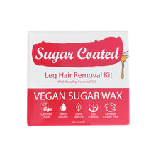Load image into Gallery viewer, Sugar Coated Legs Hair Removal Kit in rosehip colour (front). Icons showing benefits. Vegan, water-soluble, natural, eco-friendly, cruelty-free
