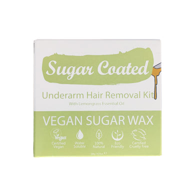 Sugar Coated Underarm Hair Removal Kit (front). Icons showing benefits. Vegan, water-soluble, natural, eco-friendly, cruelty-free